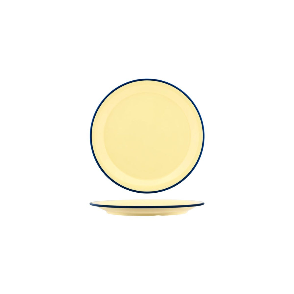 JAB JAB VINTAGE YELLOW/BLUE RIM ENAMEL LOOK ROUND PLATE 190mm (x6)