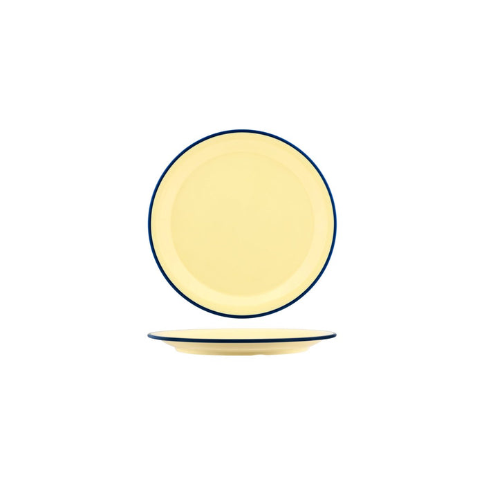 JAB JAB VINTAGE YELLOW/BLUE RIM ENAMEL LOOK ROUND PLATE 190mm (x6)