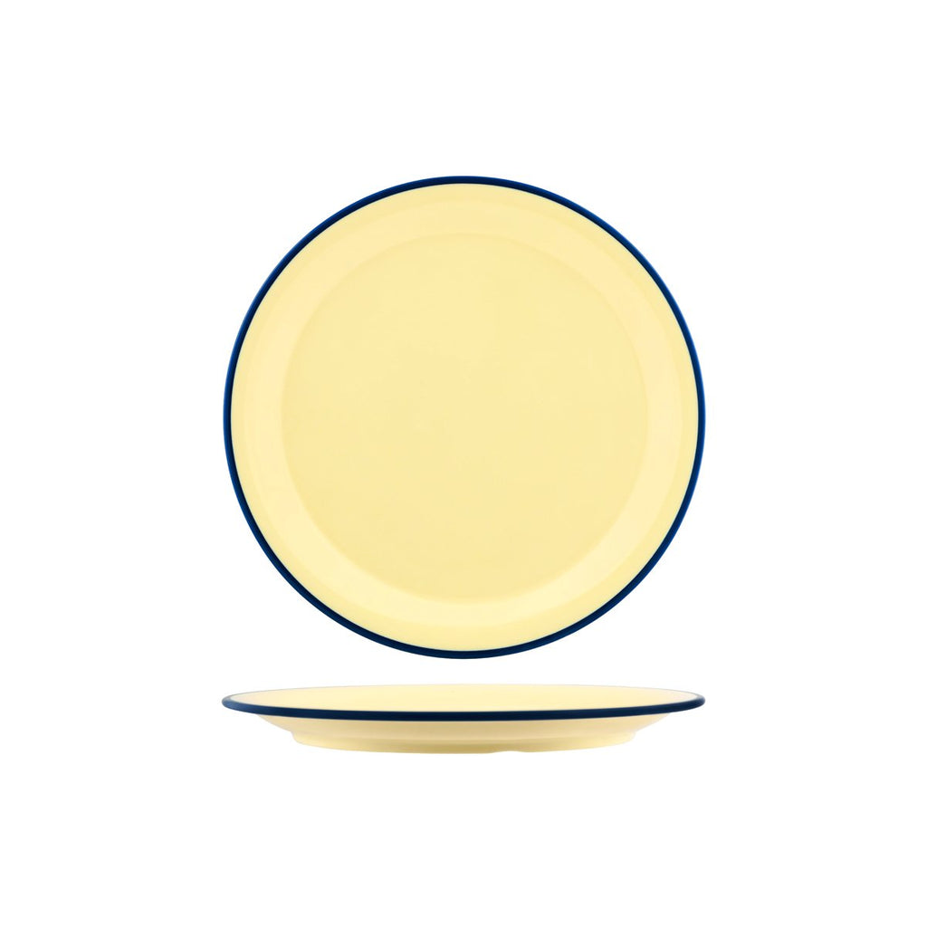 JAB JAB VINTAGE YELLOW/BLUE RIM ENAMEL LOOK ROUND PLATE 255mm (x6)