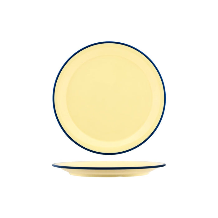 JAB JAB VINTAGE YELLOW/BLUE RIM ENAMEL LOOK ROUND PLATE 255mm (x6)