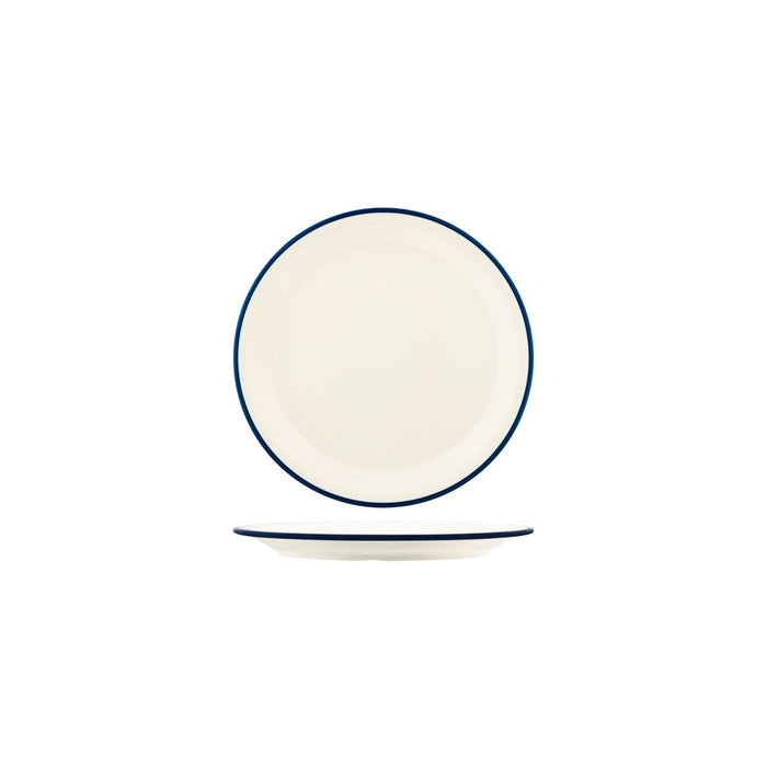 JAB JAB VINTAGE CREAM/BLUE RIM ENAMEL LOOK ROUND PLATE 190mm (x6)