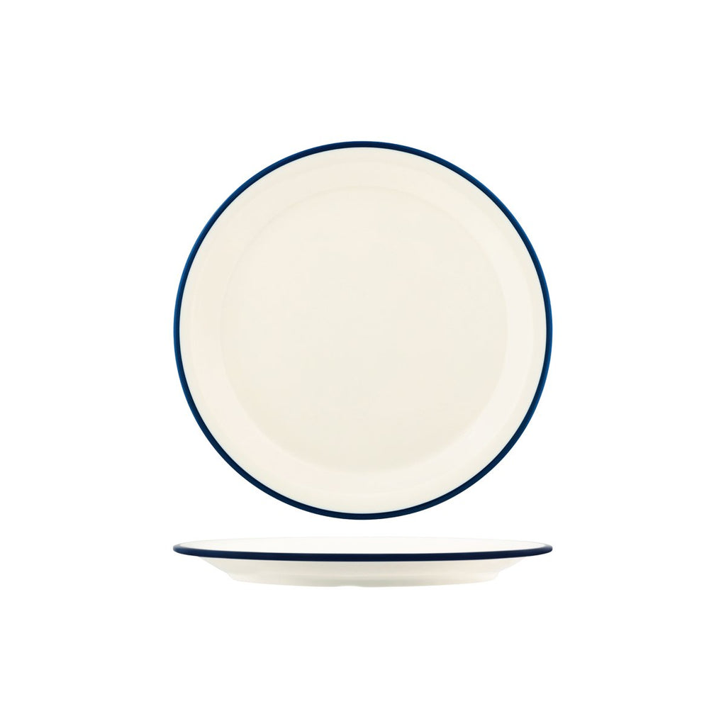 JAB JAB VINTAGE CREAM/BLUE RIM ENAMEL LOOK ROUND PLATE 255mm (x6)