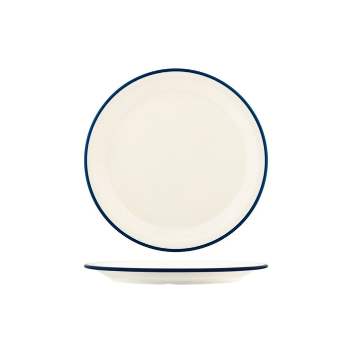 JAB JAB VINTAGE CREAM/BLUE RIM ENAMEL LOOK ROUND PLATE 255mm (x6)