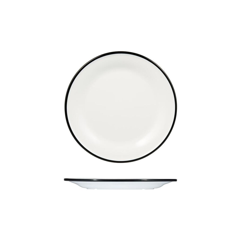 Ryner Melamine EVOKE ROUND PLATE-220mm Ø WHITE W/BLACK LINE (x12)