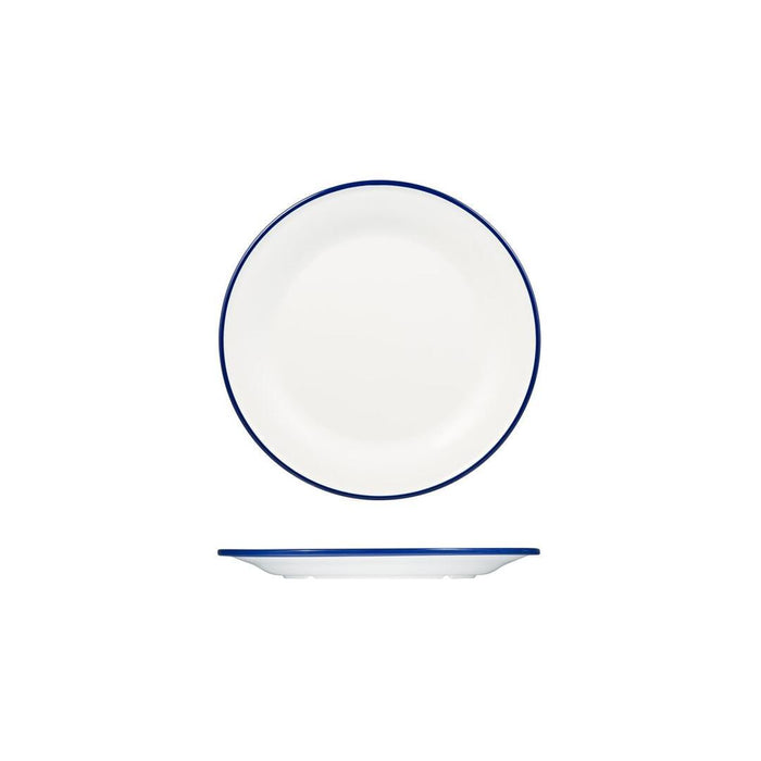 Ryner Melamine EVOKE ROUND PLATE-220mm Ø WHITE W/BLUE LINE (x12)