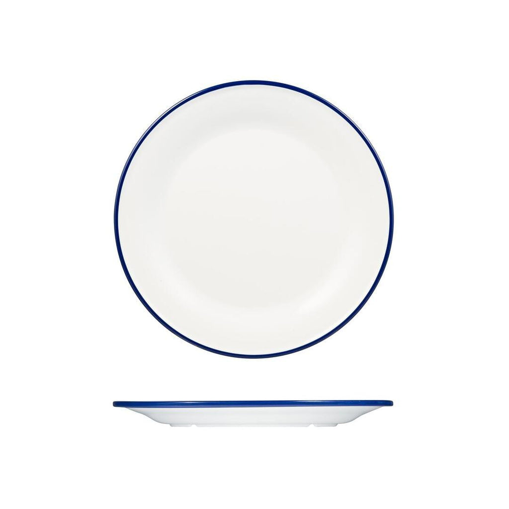 Ryner Melamine EVOKE ROUND PLATE-270mm Ø WHITE W/BLUE LINE (x12)