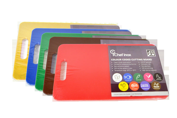 Chef Inox CUTTING BOARD PP COLOURED SET OF 5 - 300x450x12mm W/HDL-Auscaterquip