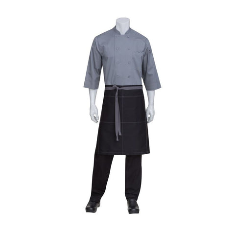 Black Wide Half Apron With Grey Contrast Ties And Stitching